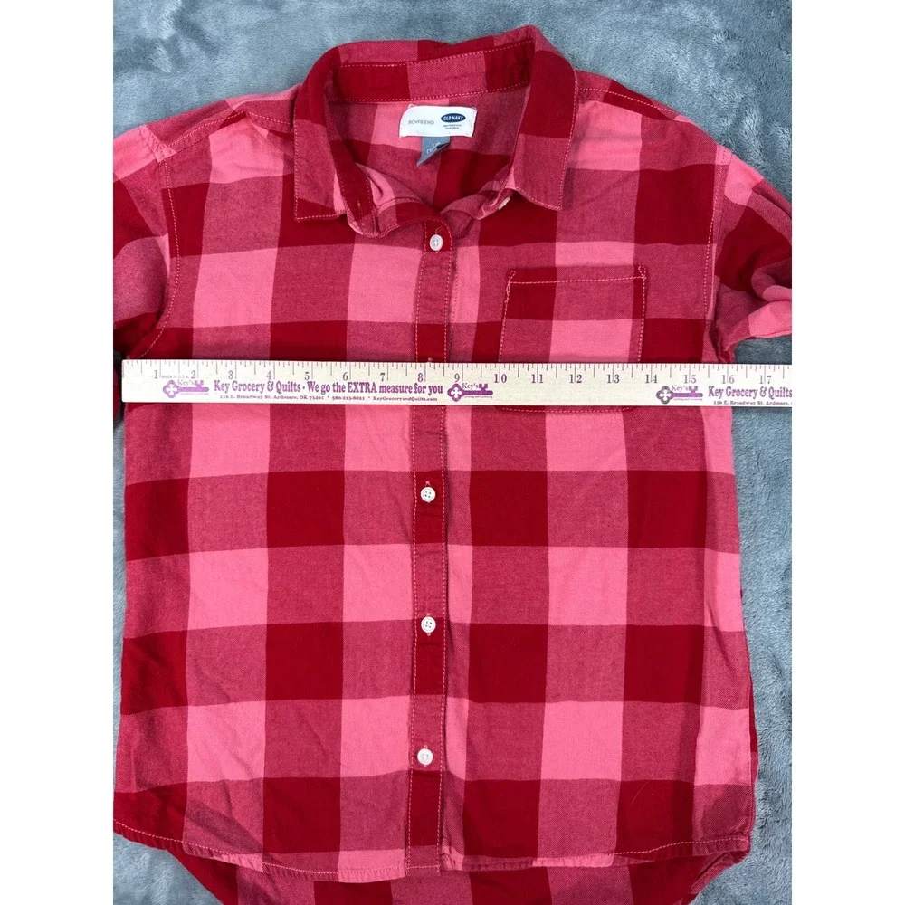 Old Navy Red Pink Buffalo Plaid Boyfriend Button Down Shirt Girls Large 10-12
